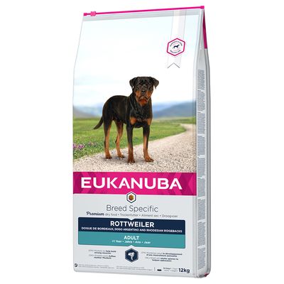 Eukanuba Breed Specific Premium dry food for Rottweilers, Dogue de Bordeaux, Dogo Argentino and Rhodesian Ridgebacks. Adult from 1 year. Pack size: 12kg.